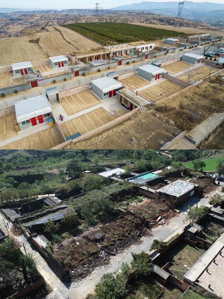 拼版照片，上圖是2022年1月山西省霍州市師莊鄉(xiāng)馮南垣村災后恢復重建后的場景，下圖是2021年10月村莊因災受損的場景。(霍州市委宣傳部供圖)