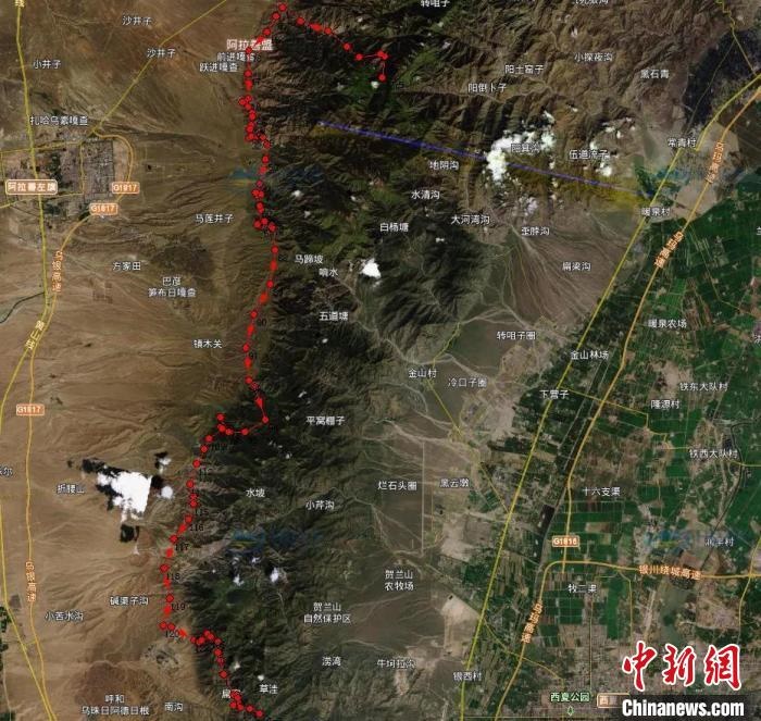 圖為雪豹在春節(jié)前后的活動(dòng)軌跡?！?nèi)蒙古賀蘭山國(guó)家級(jí)自然保護(hù)區(qū)供圖