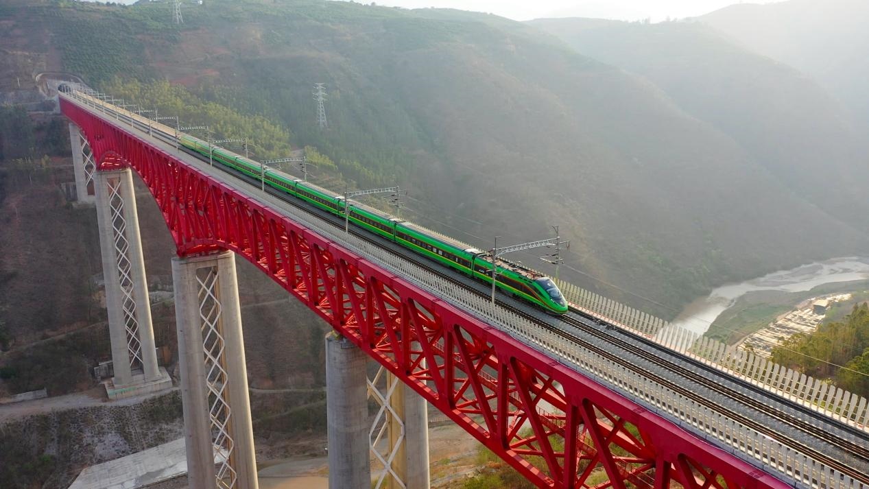 中老鐵路國際旅客列車在云南省境內的元江特大橋上飛馳。姚巍攝