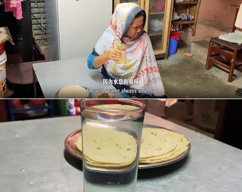 圖為紀(jì)實(shí)短片截圖：上圖為水質(zhì)未改善前，飲用水發(fā)黃渾濁；下圖為水廠建成后，飲用水水質(zhì)明顯改善，清澈透明。