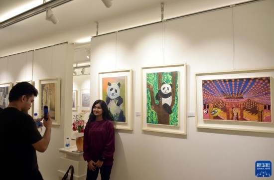11月22日，在孟加拉國達(dá)卡，人們在“國家印象”繪畫展上參觀拍照。新華社發(fā)（薩利姆攝）