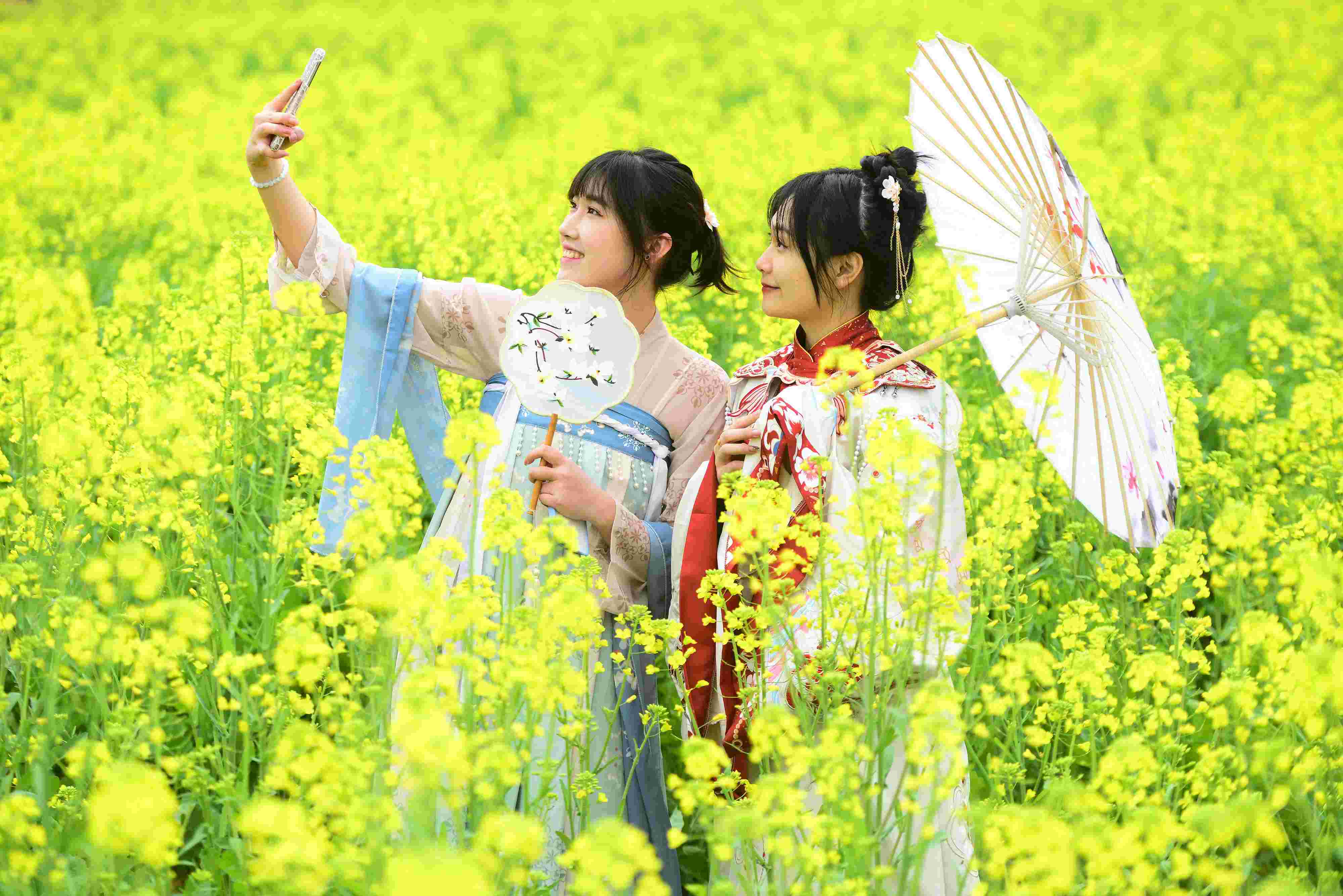 △ 2024年2月16日，廣西賀州，在富川瑤族自治縣麥嶺鎮(zhèn)三民村，游客在油菜花田間賞花拍照。