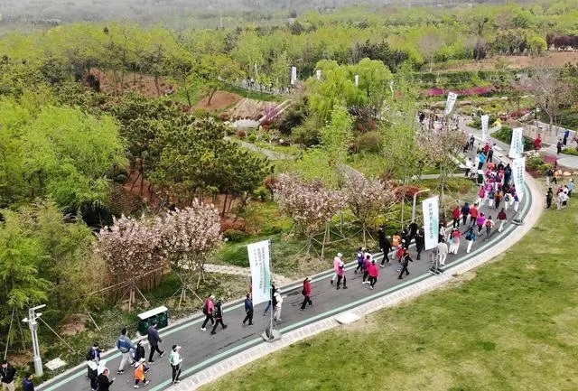 4月27日，登山愛好者在浮山森林公園參加登山健身活動（無人機照片）。新華社記者 李紫恒攝