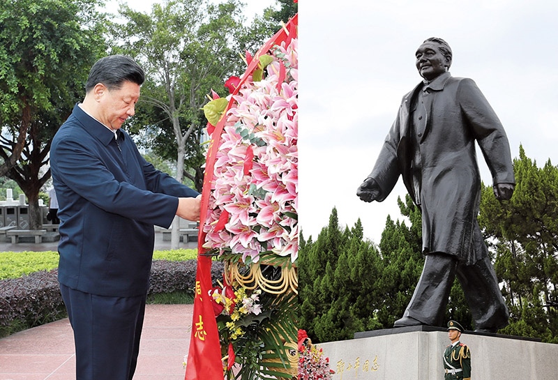 2020年10月14日，深圳經(jīng)濟(jì)特區(qū)建立40周年慶祝大會(huì)在廣東省深圳市隆重舉行。中共中央總書(shū)記、國(guó)家主席、中央軍委主席習(xí)近平在會(huì)上發(fā)表重要講話。這是當(dāng)天下午，習(xí)近平來(lái)到蓮花山公園，向鄧小平同志銅像敬獻(xiàn)花籃。 新華社記者 王曄/攝