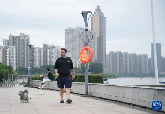 7月20日，在安徽蕪湖市，馬丁在長江邊遛狗。新華社記者 傅天 攝