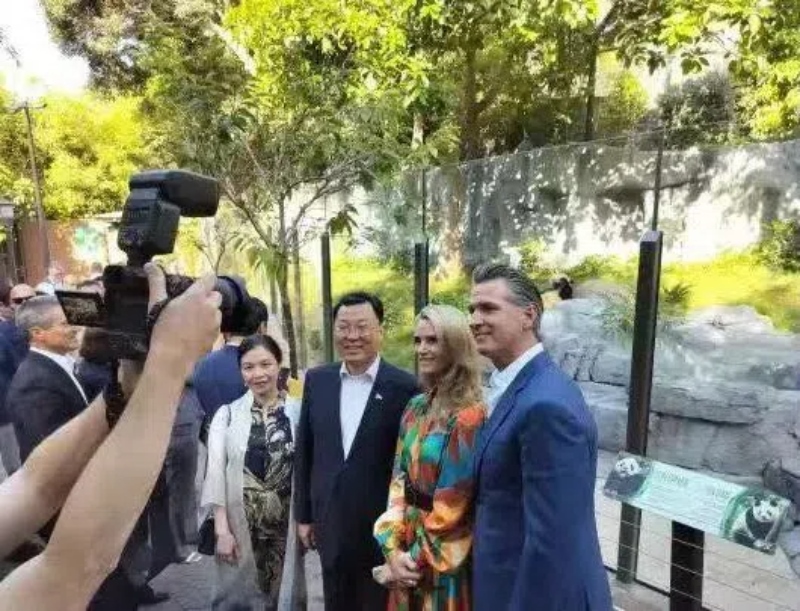 謝鋒大使及夫人與加州州長紐森夫婦在圣迭戈動物園大熊貓館前合影。圖片為中國駐美大使館提供