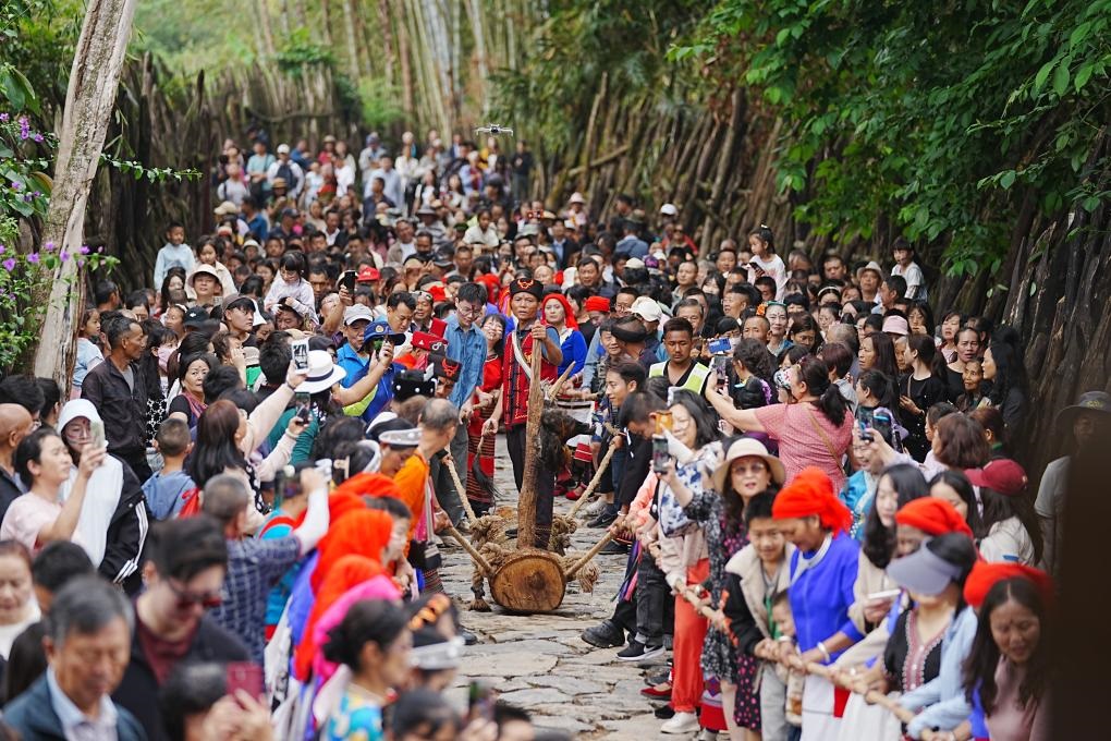 5月3日，各地游客在滄源縣翁丁村和村民一起參加佤族傳統(tǒng)民俗拉木鼓活動。（滄源縣融媒體中心供圖）