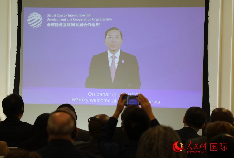 全球能源互聯(lián)網(wǎng)發(fā)展合作組織主席、中國電力企業(yè)聯(lián)合會理事長辛保安通過視頻方式致辭。人民網(wǎng)記者 李志偉攝