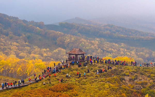 2024年9月27日，內(nèi)蒙古自治區(qū)赤峰市克什克騰旗烏蘭布統(tǒng)景區(qū)層林盡染，游人如織，風(fēng)光如畫(huà)。來(lái)源：人民圖片網(wǎng)