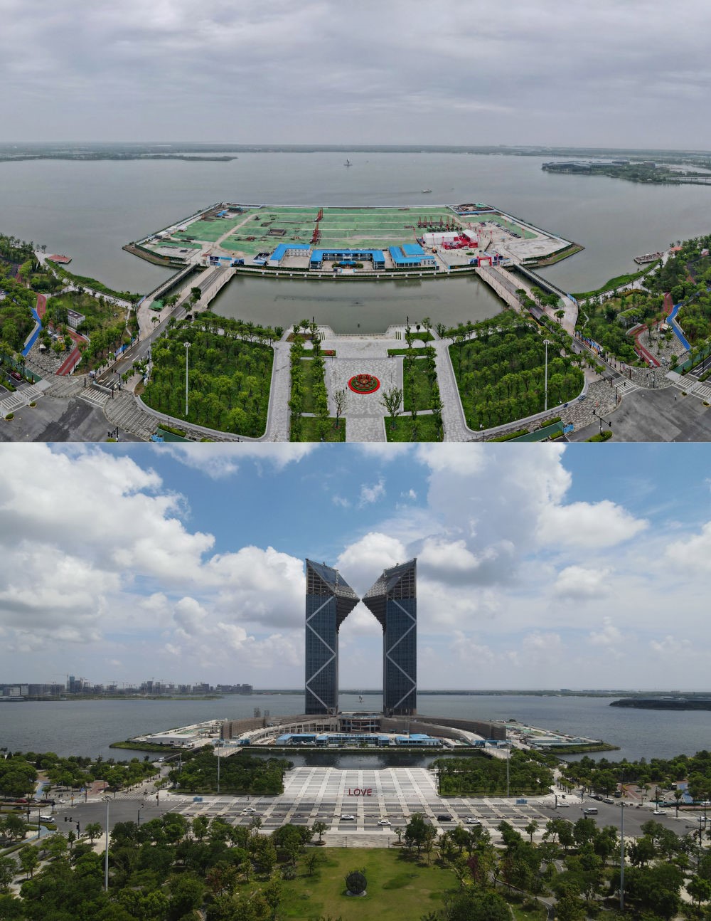 拼版照片：空中俯瞰中國（上海）自由貿(mào)易試驗(yàn)區(qū)臨港新片區(qū)滴水湖西島中銀金融中心項(xiàng)目現(xiàn)場（上圖為2021年6月20日攝，無人機(jī)照片；下圖為2024年8月14日攝，無人機(jī)照片）。2019年8月20日，臨港新片區(qū)揭牌成立，一個(gè)開放新高地在長江與東海交匯處日益崛起。