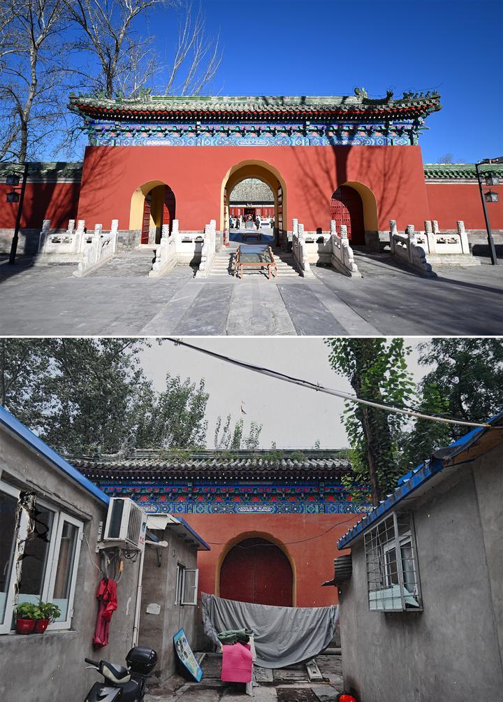 位于先農(nóng)壇內(nèi)的慶成宮，曾長(zhǎng)時(shí)間被雜亂的民居占據(jù)。在北京中軸線申遺保護(hù)工作的帶動(dòng)下，北京完成了慶成宮區(qū)域文物征收騰退、非文物建筑拆除、彩畫(huà)保護(hù)、本體修繕、展覽布陳等，讓560多年歷史的古建群重新回歸。2024年12月，北京中軸線上先農(nóng)壇內(nèi)的慶成宮首次面向社會(huì)公眾開(kāi)放。上圖為騰退修繕后的慶成宮內(nèi)宮門(mén)（資料照片）；下圖為翻拍的慶成宮內(nèi)宮門(mén)騰退修繕前的資料照片（2024年12月21日攝）。